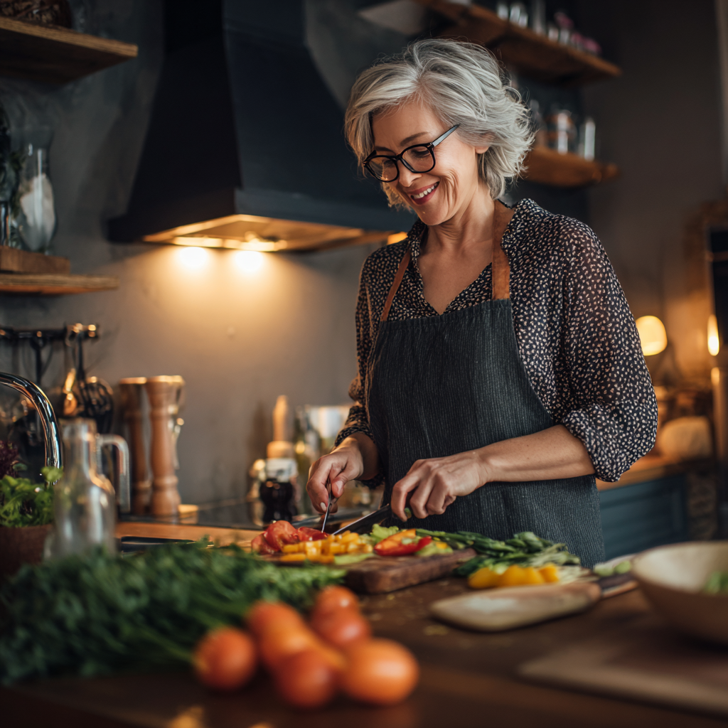 Middle-aged woman confidently preparing balanced meal in her kitchen following kosharven nutrition plan