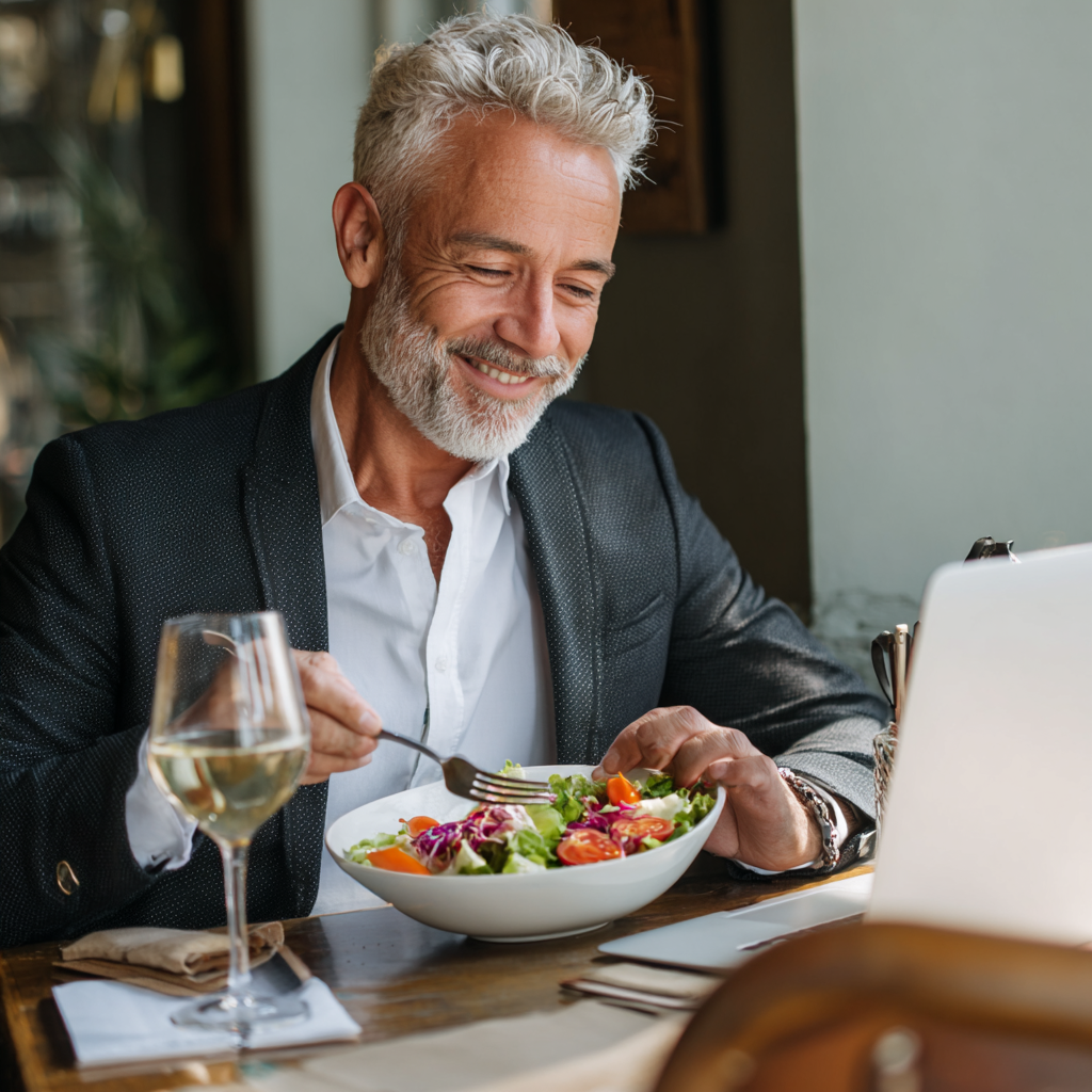 Mature businessman enjoying healthy lunch prepared with kosharven meal planning system