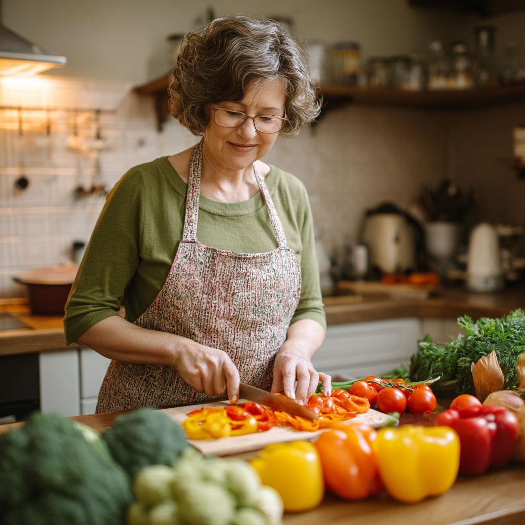 Adult woman preparing colorful vegan meal following personalized kosharven nutrition guidelines